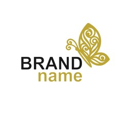 Fototapeta na wymiar Logo with a gold patterned butterfly sitting sideways in words - brand name. Trendy sign, logotype template for womens store, cosmetics, gifts shop, perfumes, jewelry, beauty salon or hairdresser.