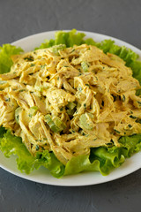 Homemade Coronation Chicken Salad on a white plate on a gray background, low angle view. Close-up.