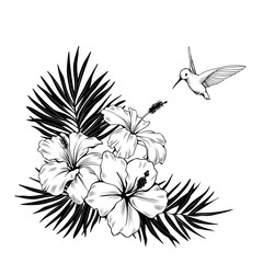 Composition with hibiscus, palm leaves and hummingbird. Vector botanical illustration - 335720422