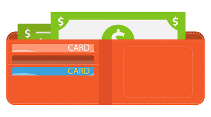 Wallet with money, men's wallet with money and credit cards. Vector illustration.