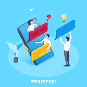 Isometric vector image on a blue background, on the smartphone are a man and a woman in business suits and chatting, conversation and correspondence in chat, messenger app