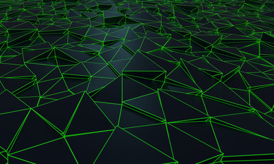 abstract 3D image, a grid of green glowing triangles broken at different levels