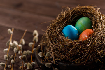 Obraz premium Bird's nest with eggs painted in three different colors. Easter celebration concept.