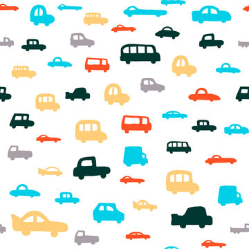 cars seamless pattern. funny cartoon vector illustration on a white background. for postcards, book characters, children s games, toy design, fabric, design children clothes. Hand-drawn.
