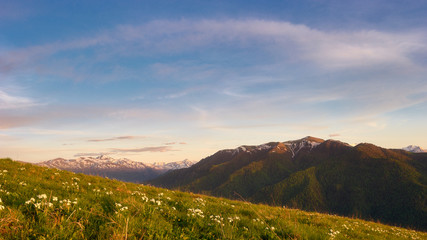 Mountain valley during bright sunrise. Beautiful natural landscape. Adygea, do-do-gush. Beautiful natural landscape.