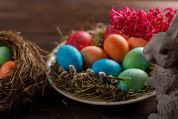Easter bunny and a plate with colored eggs. Easter celebration concept.