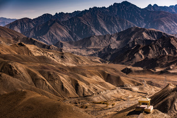 view of the Ladakh Range of Mountains from Leh in India