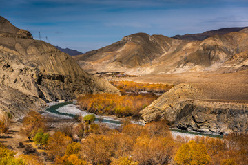 view of the Ladakh Range of Mountains from Leh in India