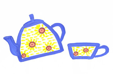 Drawing with watercolors: Blue teapot and cup with yellow flowers.