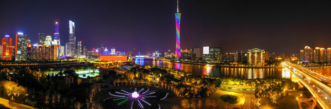 Aerial photo of night view of CBD skyline in Guangzhou, China