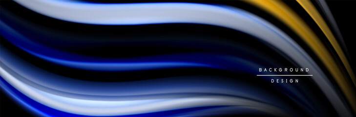 Silk and smooth flow wave poster design. Color waves, liquid style lines and shapes in black color background