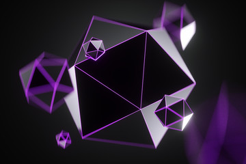 Abstract dark shape graffiti with neon, modern graphic design. 3D render, 3D illustration. copy space.