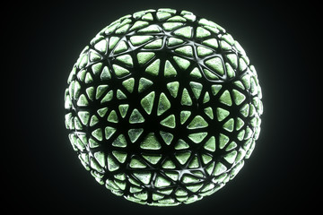 Black graphic abstract ball with green moss on a dark background, organic structure, modern graphic design. 3D render, 3D illustration. copy space.