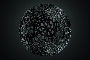 Black graphic abstract ball on a dark background, organic structure, modern graphic design. 3D render, 3D illustration. copy space.