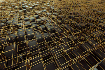 Abstract dark golden background, cubes, modern graphic design. 3D render, 3D illustration. copy space.