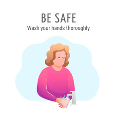 Medicine banner flat design isolated. Virus prevention and protection. Woman washes her hands with soap and water under tap. Coronavirus alert. Modern vector illustration.