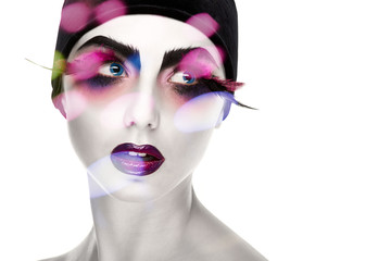 Face Art. Fantastic Make Up. luxury feather eyelashes, Surrealism, double multiple exposure effect,combined images