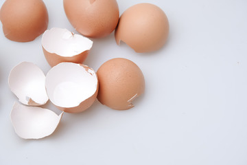 Broken egg shell on white background