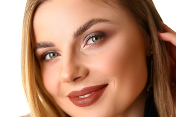 Obraz premium Beauty Closeup Portrait of Caucasian Young Woman. Beautiful Blonde with Clean Skin Posing on Camera. Sexy Girl with Natural Makeup Slightly Smiling Headshot. Single Stunning Lady Shooting