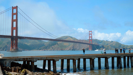 Famous Golden Gate Bridge in San Francisco - view from Crissy Field - SAN FRANCISCO, CALIFORNIA - APRIL 18, 2017
