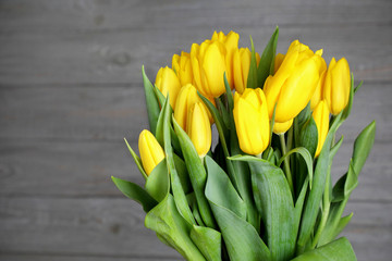 Bouquet of yellow tulips . Bright fresh flowers on a gray Board background . copy  space