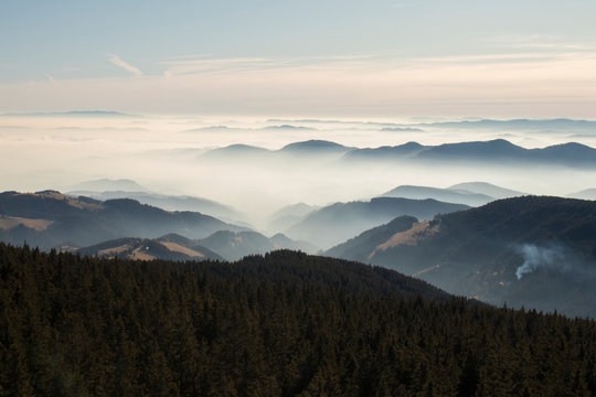 View over Rogla shot from the Tree Tops Walk. Beautiful view of the cloudy skyes and forest in Pohorje in Slovenia. Popular tourist attraction and viewpoint.