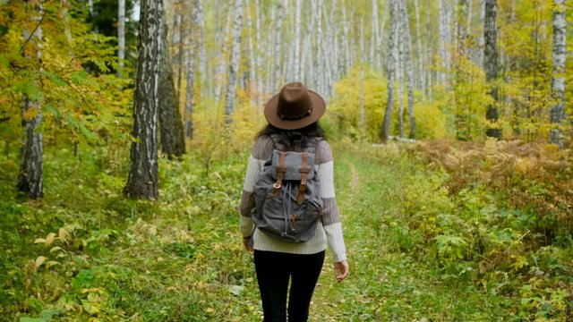 Travel tourism. Woman girl tourist in hat with backpack walking in fall forest on autumn day. Hiker traveler woman hikking enjoying nature. vacation travel beautiful landscape outdoors. slow-mo 4 K