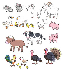 Common farm animals, family members with goats, chickens, ducks and other animals, cute simple line style