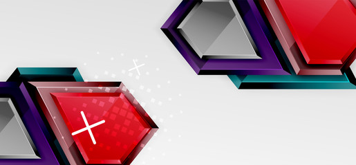 Metal glossy shiny geometric shapes with 3d effect composition. Techno futuristic vector abstract background For Wallpaper, Banner, Background, Card, Book Illustration, landing page