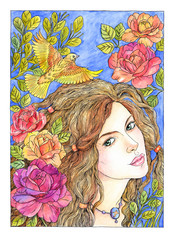 Drawing beautiful young woman with roses and bird