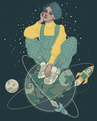 
beautiful and fashionable young girl sitting on planet earth globe among stars and rockets  - 335727817