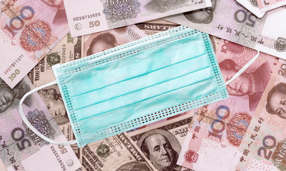 Masks isolated on banknote background. Concept about the cost of health care.