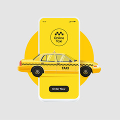 Online taxi ordering service banner design. Yellow cab driving through smartphone screen display. Vector illustration © paul_craft