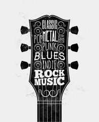 Black guitar fretboard silhouette with rock music styles captions. Rock-n-roll music poster design concept. Vintage styled vector illustration