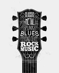 Tuinposter Black guitar fretboard silhouette with rock music styles captions. Rock-n-roll music poster design concept. Vintage styled vector illustration © paul_craft