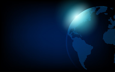 Earth , World map illustration with blue glowing points dotted land, furturistic, copyspace in frame