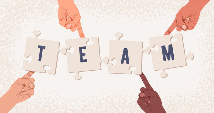 Group of hands collecting puzzle with Team word. Team building or team work concept. Vector illustration
