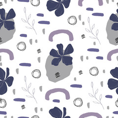 Abstract fun hand drawn flower and  geometric shapes in violet and  grey colors.Trendy flat style design seamless pattern stock vector illustration for wrapping paper, textile, wallpaper, textile