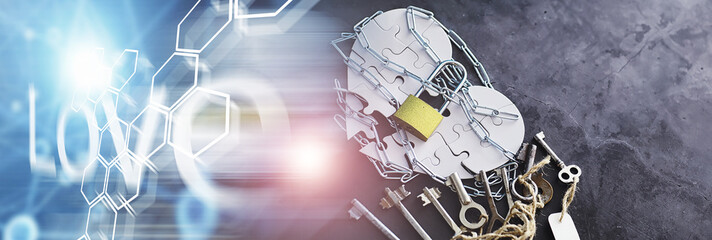 White heart-shaped puzzle. Heart affairs. Undivided love. Broken heart. The key to the heart. Closed heart on a lock. Concept of love.