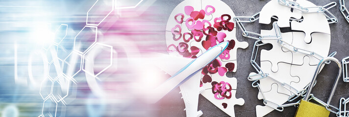 White heart-shaped puzzle. Heart affairs. Undivided love. Broken heart. The key to the heart. Closed heart on a lock. Concept of love.