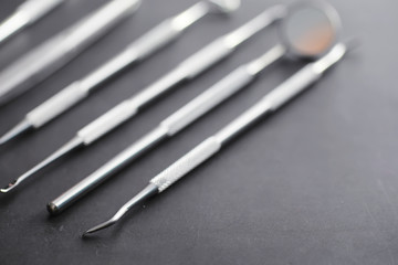 Equipment for the dental office. Orthopedic Instruments. Dental technician with working tools. Dentist metal tools.