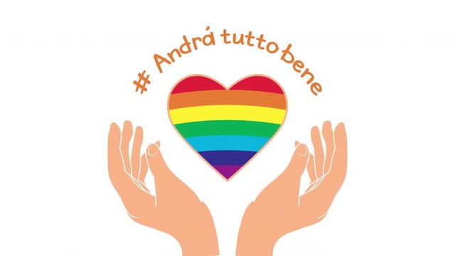 Rainbow heart in hands. Positive message: Everything will be fine. Italian slogan: Andra tutto bene. Motivational phrase in Italian used during quarantine in fighting with COVID-19. Stay at home.