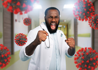 Brave medic fight against covid-19 coronavirus. Blue background