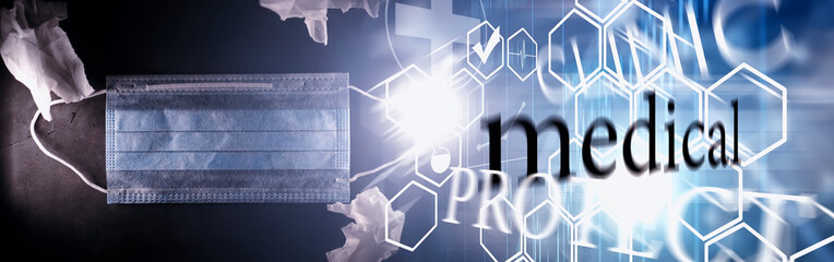 Personal protective equipment. Disposable medical mask. Gauze bandage for respiratory protection. Medical accessories.