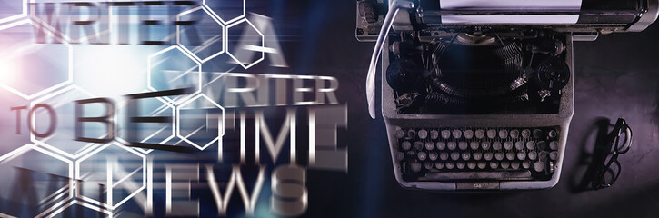 Vintage journalist tool. Typewriter retro. The writer is at work. Seal of the novel. Journalist...