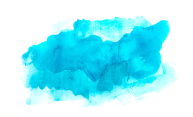 Watercolor brush texture background. Blue color paint stain splash water pattern on white paper