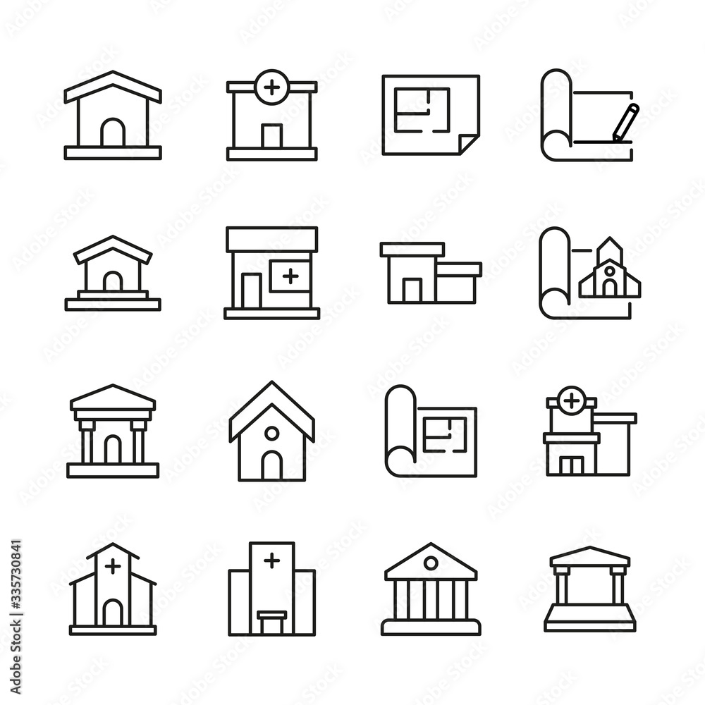 Poster big set of architecture line icons.