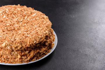 Fresh delicious cake napoleon with cream on a dark background