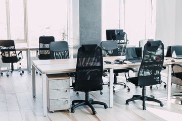 office chair near the desktop with office. new workplace concept