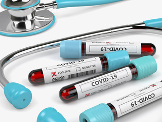 3d render of COVID-19 blood samples and stethoscope